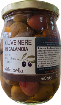 Schwarze Bio-Oliven in Salzlake, mit Stein 330g