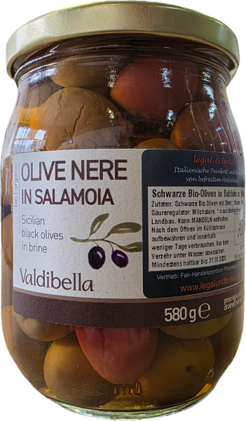 Schwarze Bio-Oliven in Salzlake, mit Stein 330g